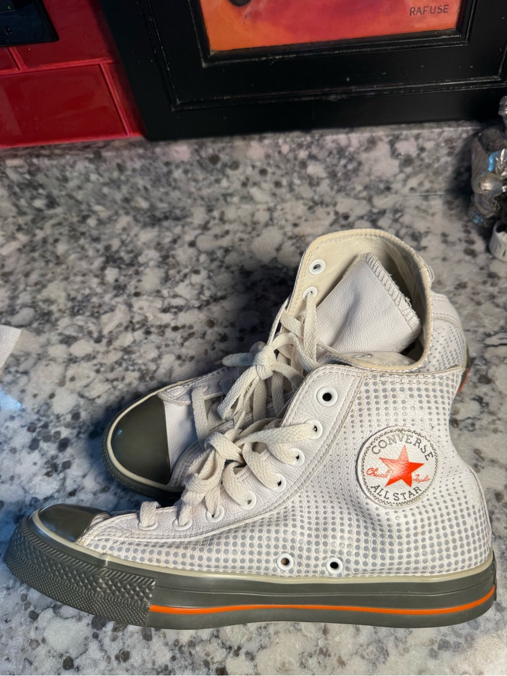 Converse Dot White High-Top Sneakers with Gray Dots and Orange Stripe